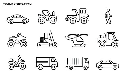 A clean collection of outlined transport icons including cars, tractor, tow truck, pedestrian, off-road vehicle, motorcycle, helicopter, forklift, bus, ATV, cargo truck, and sedan. Perfect for apps, m