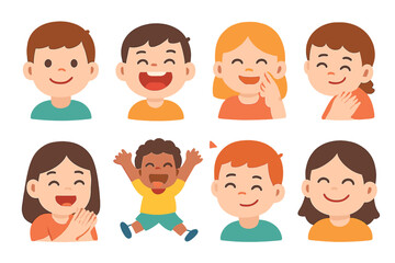 Fototapeta premium Joyful Kids Icons. Flat vector mini-illustrations kids’ laughter and fun in colors children's illustrations: smiling child,