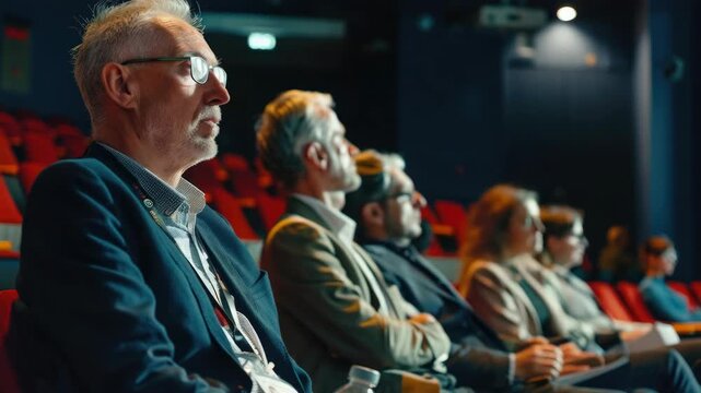 Men in suits and ties, sitting attentively during political debate, with a moderator on stage. Audience in dark theatre chairs looking forward.