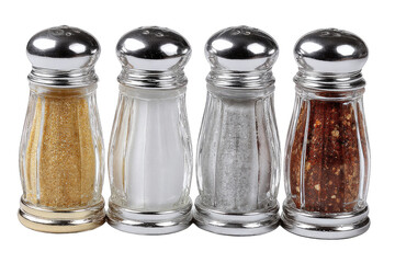 Four glass spice jars, different colors