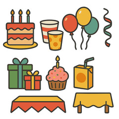Children's Birthday Icons. Flat vector mini-illustrations birthday party table in colors children's