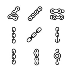 Chain Icon Collection. Outline icon set of chain applications: bicycle chain, motorcycle chain, conveyor chain, lifting chain,