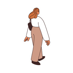 Business woman walking away, back view. Female office worker going to work, from behind. Modern employee in blouse and trousers, shoulder bag. Flat vector illustration isolated on white background