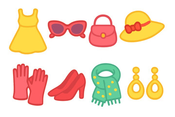 Children's Fashion Icons. Flat vector mini-illustrations fashion glamour in colors children's illustrations: dress, sunglasses,