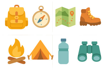 Children's Hiking Adventure Icons. Flat vector mini-illustrations hiking adventure in colors children's