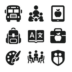 Children's Integration Icons. Solid, filled icons set of integration for children: school bus icon, playgroup,
