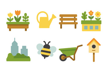 Urban Green Roof Gardens. Flat vector mini-illustrations Urban green roof gardens in colors children&rsquo;s illustrations: planter