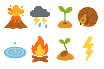 Fototapeta premium Nature's Cycles Icons. Flat vector mini-illustrations reaction in nature in colors children's illustrations: volcanic eruption,