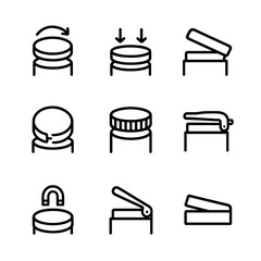 Lid Mechanism Icons. Outline icon set of lid mechanisms: twist-off lid, press-on lid, snap-lock lid, bayonet lid, screw-on lid,