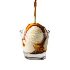 A perfectly spherical vanilla ice cream scoop melting under a dynamic pour of rich espresso in a clear glass on a transparent studio background, delicious dessert concept