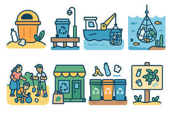 Ocean Waste Icons. Flat vector mini-illustrations ocean waste collection points in colors children's illustrations: beach bin,