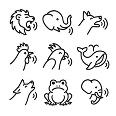 Obraz premium Loud Animal Icons. Outline icon set of loud animals: lion roar, elephant trumpet, dog barking, rooster crowing, bird squawking,