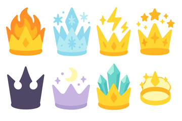 Magical Crowns Grid. Flat vector mini-illustrations magic crowns in colors children's illustrations: crown of flames, crown of ice