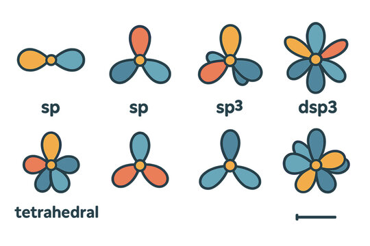 Orbital Hybridization Icons. Flat vector mini-illustrations orbital hybridization in colors children's illustrations: sp, sp2, sp3