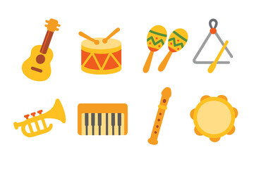 Children's Music Icons. Flat vector mini-illustrations music time in colors children's illustrations: guitar,