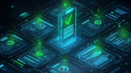 Digital documents with green check marks symbolize completed tasks in a virtual space