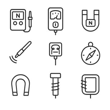Magnetic Measurement Icons. Outline icon set of magnetic measurement tools: gauss meter, tesla meter, magnetometer, Hall effect