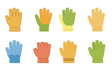 Fototapeta premium Colorful Gardening Gloves. Flat vector mini-illustrations gardening gloves in colors children's illustrations: leather gardening