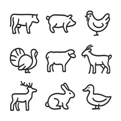 Fototapeta premium Meat Animal Icons. Outline icon set of meat animals and sources: cow, pig, chicken, turkey, lamb, goat, deer, rabbit, duck. Line
