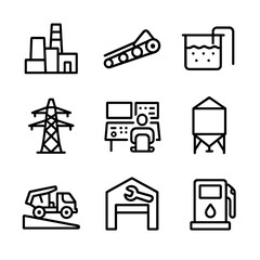 Mining Infrastructure Icons. Outline icon set of mining infrastructure: processing plant, conveyor belt, water treatment, power
