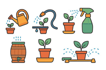 Children's Plant Watering Icons. Flat vector mini-illustrations Watering techniques for plants in colors