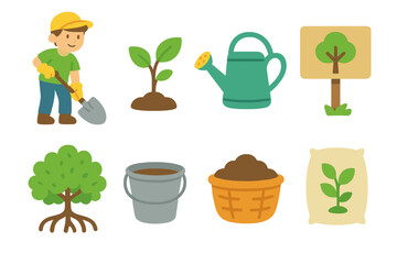 Children's Planting Day Icons. Flat vector mini-illustrations planting day in colors children's illustrations: