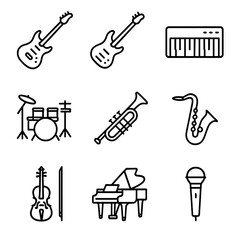 Obraz premium Music Instruments Icons. Outline icon set of music instruments in a band: electric guitar, bass guitar, keyboard, drum kit,