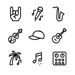 Music Genre Icons. Outline icon set of music genres: rock, pop, jazz, classical, hip hop, country, reggae, blues, electronic.