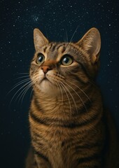 Cat stargazing under night sky.
