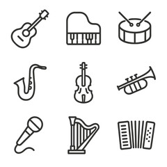 Obraz premium Musical Instrument Icons. Outline icon set of silhouette musical instruments: guitar, piano, drum, saxophone, violin, trumpet,