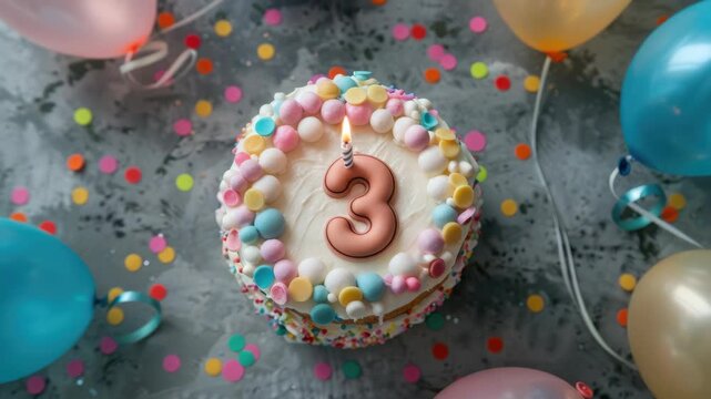 A third birthday celebration with a beautifully decorated cake, colorful balloons and confetti.