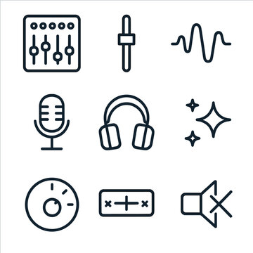 Music Mixing Icons. Outline icon set of music mixing tools: mixing console, fader, audio wave, microphone, headphones, sound