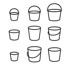 Bucket Icon Collection. Outline icon set of bucket sizes: small, medium, large, extra large, mini, jumbo, compact, standard,