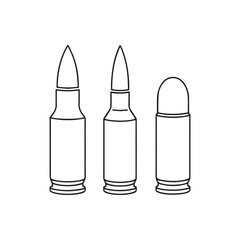 Bullet and cartridge outline icon set, different types of ammo, vector line art illustration.
