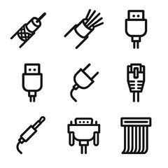 Fototapeta premium Cable Types Icons. Outline icon set of cable types: coaxial cable, fiber optic cable, HDMI cable, USB cable, power cable, ethernet