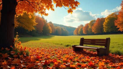 Obraz premium A tranquil autumn scene featuring a wooden park bench beneath vibrant fall foliage.