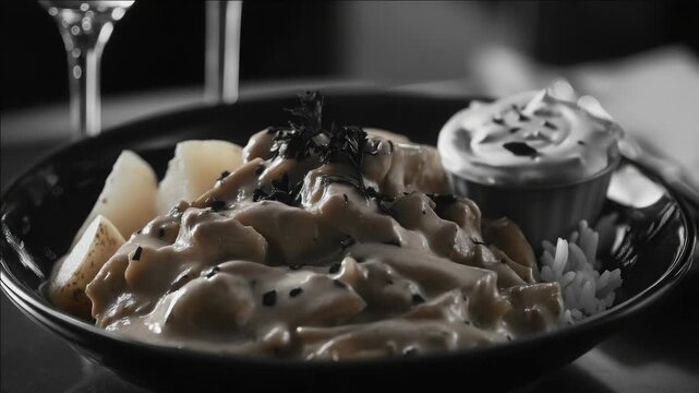 Close-up of hearty beef stroganoff served with fluffy rice. Authentic Russian comfort cuisine.