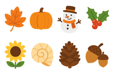 Seasonal Decoration Icons. Flat vector mini-illustrations seasonal decoration in colors children's illustrations: autumn leaves,