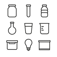 Container Icon Set. Outline icon set of transparent containers: glass jar, test tube, plastic bottle, flask, water glass, beaker,