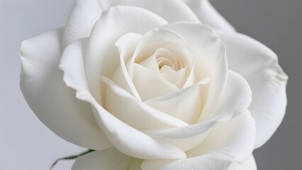 A close-up of a pristine white rose with soft, layered petals.