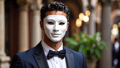 Man in white mask, formal wear, indoors