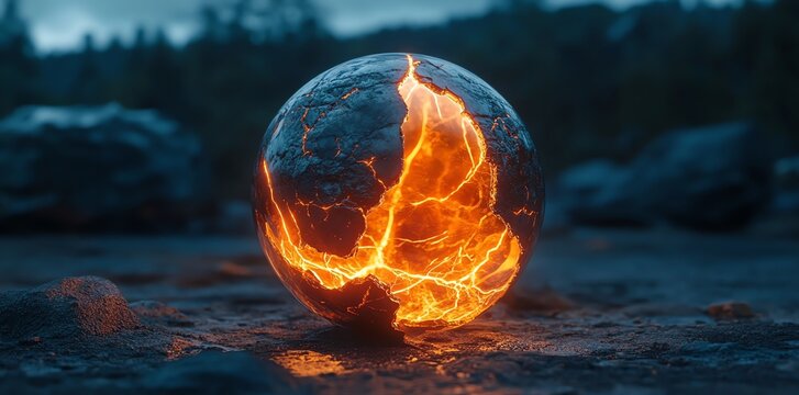 Fiery Cracked Earth Sphere with Lava and Smoke in Dark Landscape