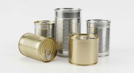 Group of various metal food cans of different sizes, isolated on white background