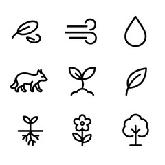Fototapeta premium Plant Migration Icons. Outline icon set of plant migration: seed dispersal, wind, water droplet, animal carrier, sprout, leaf,