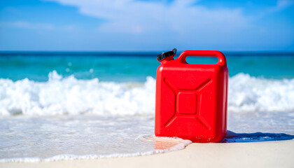 Red Gas Can Beach Ocean Waves.