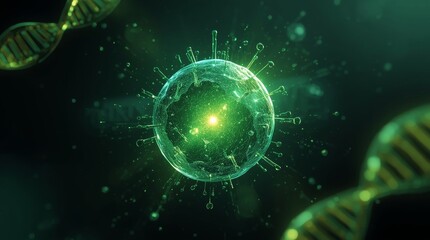 macro shot of a single, magnificent CAR-T cell, the central focus. The cells semi-translucent membrane reveals a pulsating inner core of pure green energy. Its surface is incredibly detailed