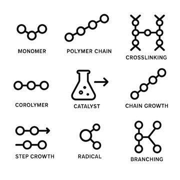 Polymer Chemistry Icons. Outline icon set of polymer chemistry: monomer, polymer chain, crosslinking, copolymer, catalyst, chain