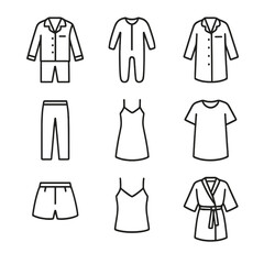 Pyjama Styles Icons. Outline icon set of pyjama styles: two-piece set, onesie, sleep shirt, sleep pants, nightdress, oversized