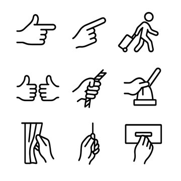Icon Set_ Pull Gestures. Outline icon set of pull gestures and movements: hand pulling, finger pulling, two hands pulling, pulling