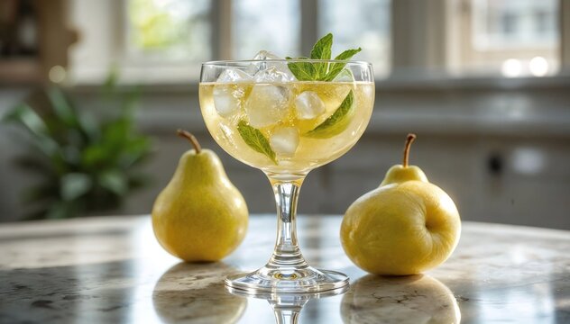 Jugo de menta y pera en copa de c&oacute;ctel con hielo de guijarros sobre una mesa con espejo, luz de estudio brillante
